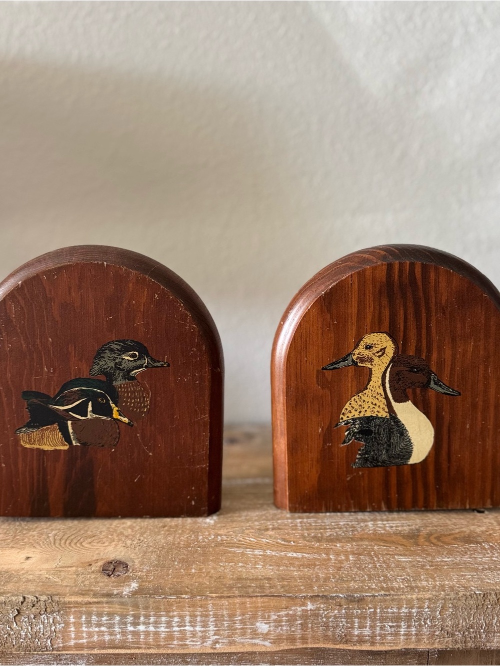 Vintage 70s Wooden Handpainted Wild Mallard Duck Themed Book Ends Cottagecore